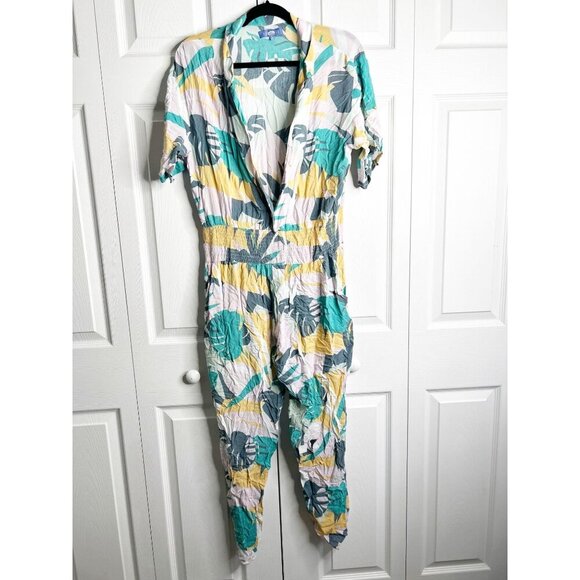 Paradised Scottie Pink Tropical Print Short Sleeve Jumpsuit Women's Size Large L - Picture 1 of 13